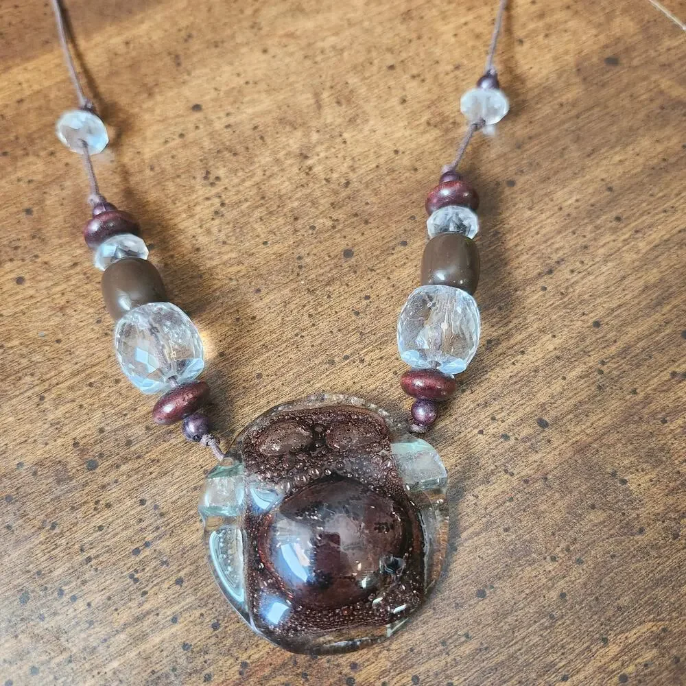Brown Art Glass Pendant Wood Bead Cord Necklace Adjustable Boho Chunky‎